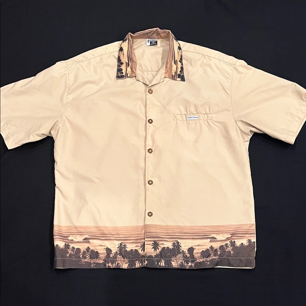 Vintage Aaron Chang Beige and Brown Tropical Men's Shirt